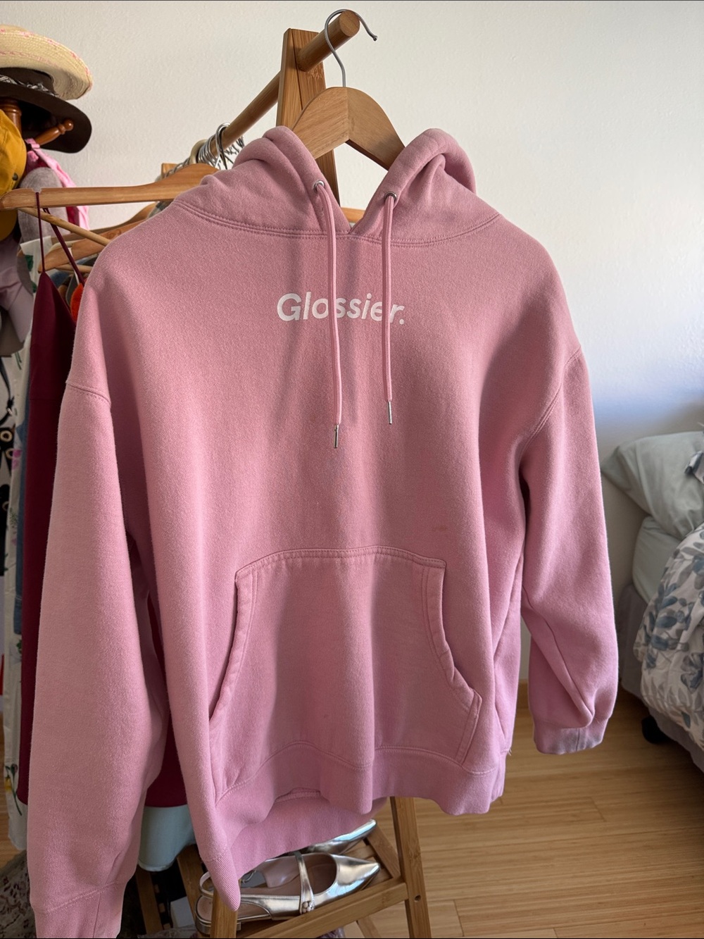 Glossier Pink Pullover Hoodie with White Logo